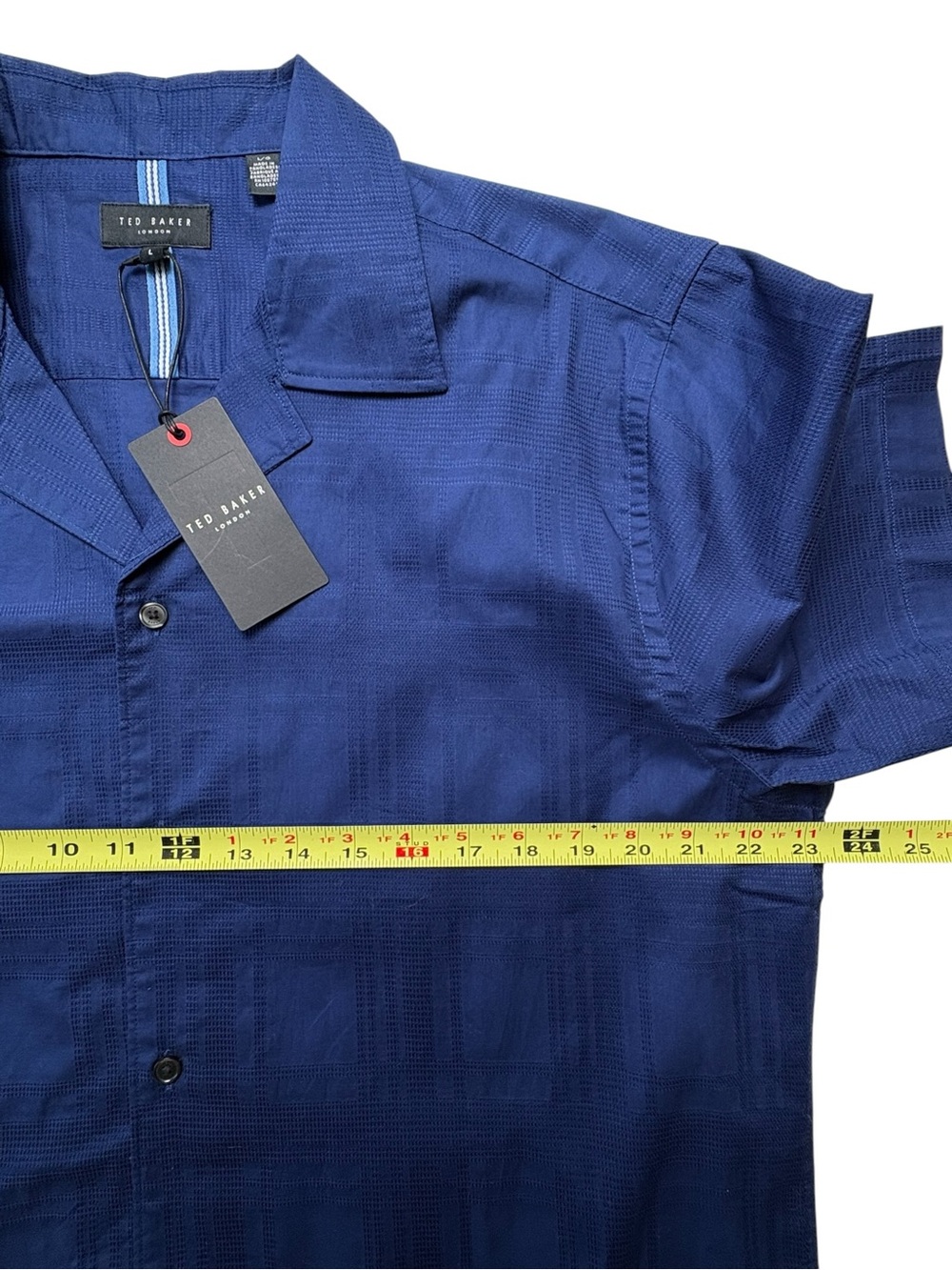 NWT Ted Baker Textured Camp Shirt Midnight Sail Navy Blue Plaid Size L - Picture 9 of 15